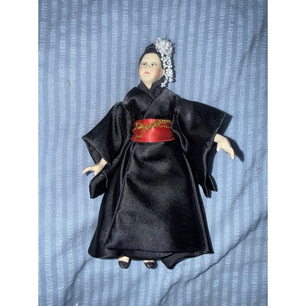 Vintage Woman Handmade Porcelain MINIATURE Lady DOLL Geisha Black Robe 6" Tall